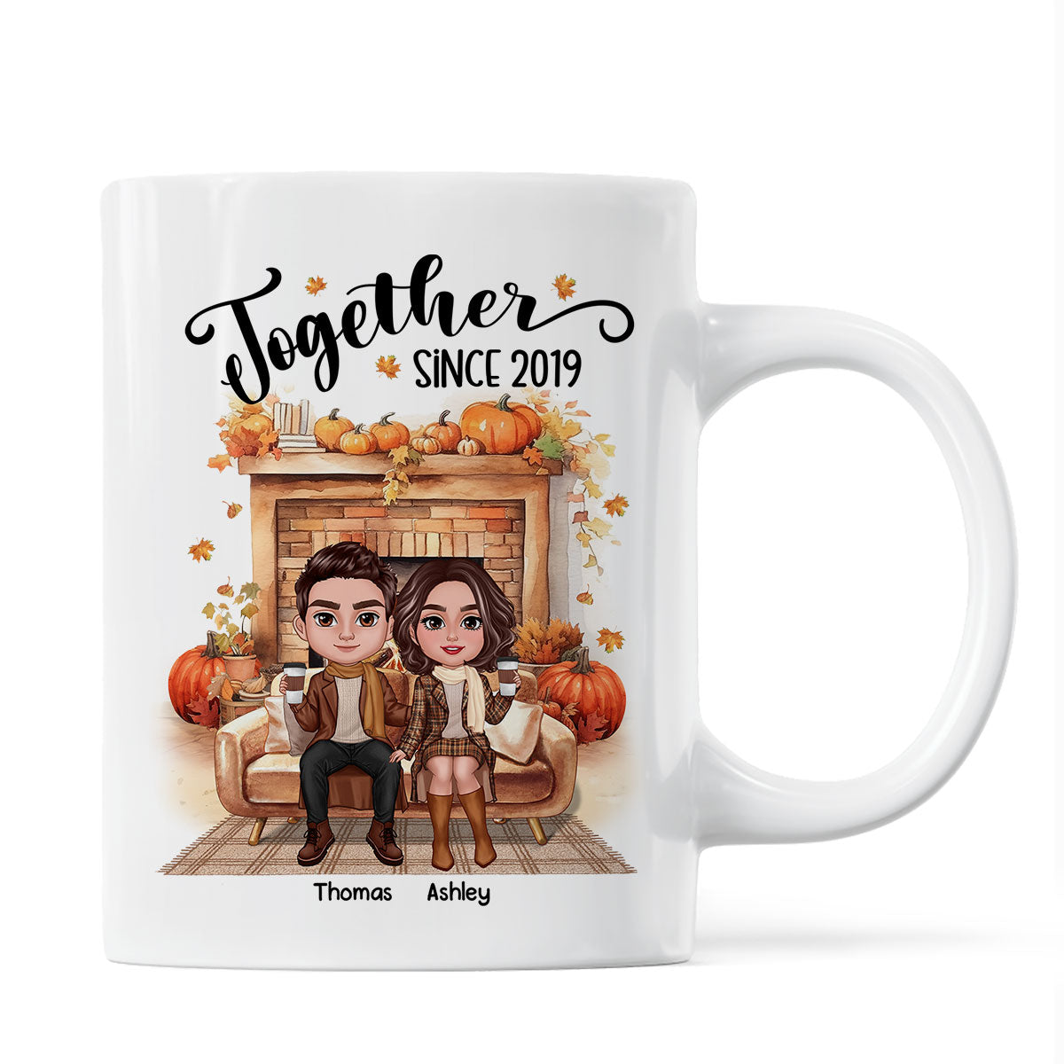 Fall Season Doll Couple Fireplace Personalized Mug